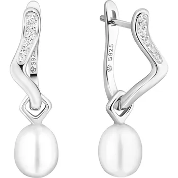 Náušnice ANNA PERLY Atraktivní stříbrné visací náušnice s pravou bílou perlou a zirkony