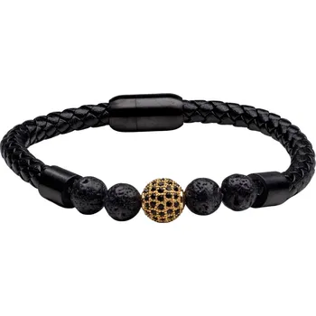 Náramek ANNA PERLY Noblesní pánský náramek z černé kůže s lávovými kuličkami, Swarovski krystalem a pozlacenou kuličkou