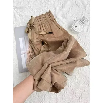 Dámské kalhoty Letní volné kalhoty s rovnými nohavicemi a zavazováním Barva: Khaki, Velikost: S