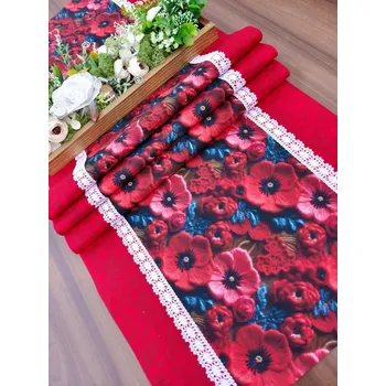 ubrus Běhoun na stůl – vlčí máky 3D s červeným mramorem| Ruční výroba (Rozměr: 42 x 139 cm)