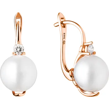 Náušnice ANNA PERLY Náušnice z růžového zlata s bílou sladkovodní perlou a zirkony