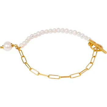 Náramek ANNA PERLY Moderní dámský náramek s řadou pravých bílých perel a pozlaceným řetízkem
