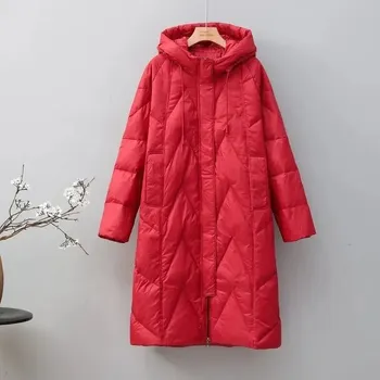 Dámská parka dámská zimní bunda s péřovou výplní a kapucí Barva: Červená, Velikost: XL