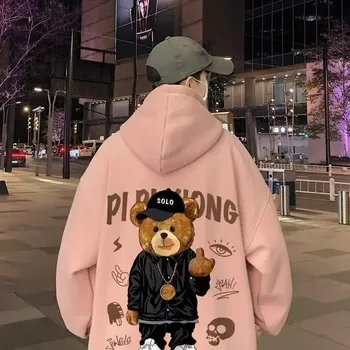 Pánská mikina Unisex zimní mikina s kapucí a potiskem medvídka Barva: Růžová, Velikost: 4XL