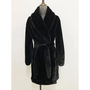 Dámský kabát Zavinovací dámský kabát z umělé kožešiny s páskem Barva: Černá, Velikost: 2XL