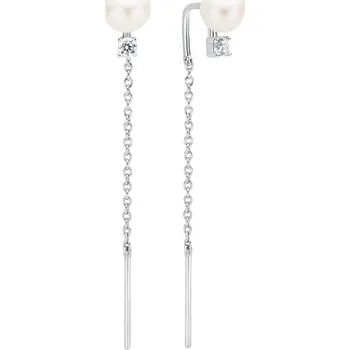 Náušnice ANNA PERLY Dámské visací náušnice z bílých perel se stříbrným řetízkem a zirkony