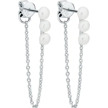 Náušnice ANNA PERLY Moderní stříbrné visací náušnice s bílými perlami a řetízkem