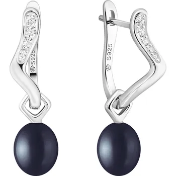 Náušnice ANNA PERLY Atraktivní stříbrné visací náušnice s pravou černou perlou a zirkony