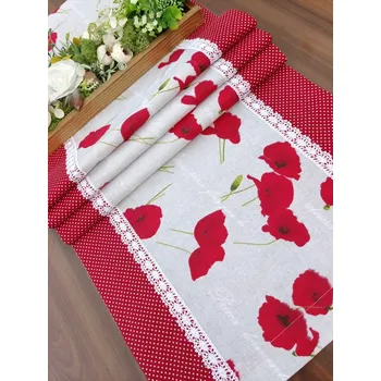 ubrus Běhoun na stůl – vlčí máky na šedé s červeným puntíkem| Ruční výroba (Rozměr: 42 x 131 cm)