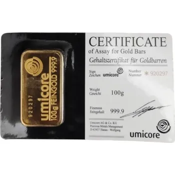 Umicore investiční zlatý slitek 100g