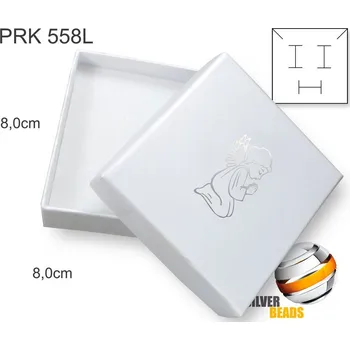 Dárková krabička Krabička na šperky. Materiál papír+mašle . Ozn. PRK 558L. Velikost 8x8cm. Barva Bílá s potiskem modlící se ANDĚL (stříbrná barva)