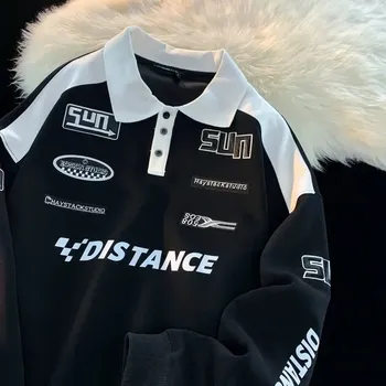 Pánská mikina Vintage polo mikina – dlouhý rukáv, závodní styl Barva: Černá, Velikost: 5XL