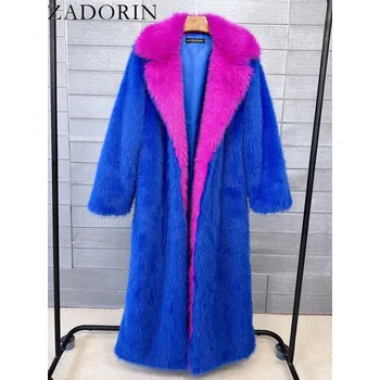 Dámský kabát Dlouhý dámský kabát kožich s kontrastními detaily Barva: Modrá, Velikost: XL