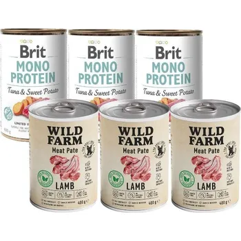 BRIT MONO PROTEIN TUNA & SWEET POTATO 3x400g & WILD FARM Pate Lamb 3x400g bezlepkové krmivo pro psy