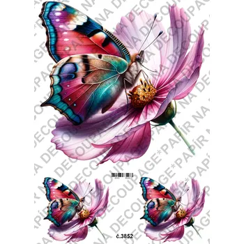 Umělecký papír Rýžový a soft papír na decoupage - Motýl na květině - KB03852 Materiál: Soft, Rozměr: A4