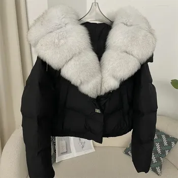 Dámská parka Dámská péřová bunda s límcem z lišky Velikost: M, Barva (Varianta): Black natural white