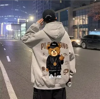 Pánská mikina Unisex zimní mikina s kapucí a potiskem medvídka Barva: Šedá, Velikost: L