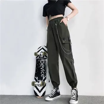 Dámské kalhoty Dámské cargo kalhoty s vysokým pasem a rovným střihem Velikost: 3XS, Barva (Varianta): Army Green [free chain]