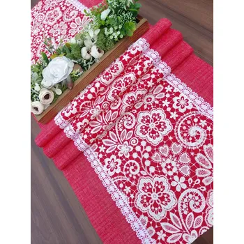 ubrus Běhoun – ubrus na stůl bílá krajka na jasně červené | 42 x 145 cm (Rozměr: 42 x 145 cm)