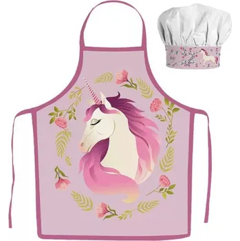 Jerry Fabrics Dětská zástěra UNICORN - JEDNOROŽEC GARDEN set s čepicí růžová