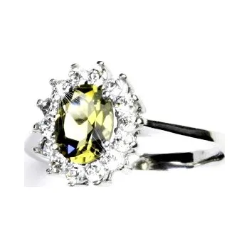 Drahý kámen Zlatý prsten, žluté i bílé zlato,Kate, přírodní olivový křemen, čiré zirkony, T 1507