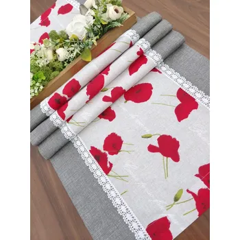 ubrus Běhoun - vlčí máky na šedé