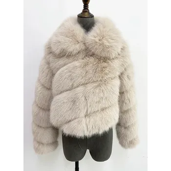 Dámská parka Krátký huňatý dámský kabát z kožešiny Barva: Khaki, Velikost: 3XL