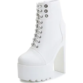 Dámské kozačky Šněrovací chunky boty na vysokém podpatku GoodDayGirl Barva: Bílá, Velikost: 38