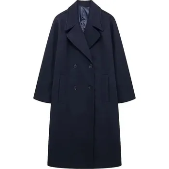 Dámský kabát Dámský volný kabát z vlněné směsi v minimalistickém stylu Barva: Tmavě Modrá, Velikost: M