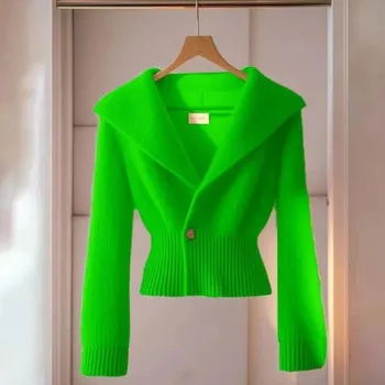 Dámský svetr Krátký pletený svetr s výstřihem a dlouhými rukávy Barva: Zelená, Velikost: ONE SIZE