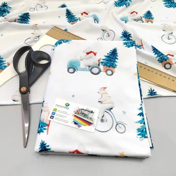 Moraviatex Balíček 1metr - Jednolíc elastický bavlna/Elastan6% digi tisk Medvěd se stromečkem (0,34kg)