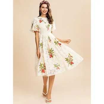 Dámské šaty LINDA DGiia Luxusní krajkové midi šaty s výšivkou a krátkým rukávem - M Barva: Béžová, Velikost: M