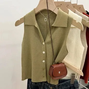 Letní dámská pletená vesta bez rukávů s límečkem Barva: Zelená, Velikost: ONE SIZE
