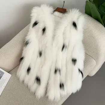 Dámská vesta Kožešinová vesta – oboustranná, bez rukávů, V-výstřih Velikost: ONE SIZE, Barva (Varianta): White black dot