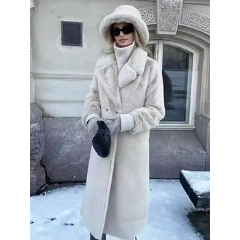 Dámský kabát Elegantní dvouřadý kabát z umělé kožešiny pro ženy Barva: Aprikotová, Velikost: S