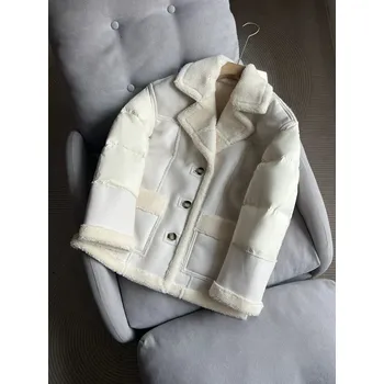 Dámská parka Patchwork zimní kabát – kombinace vlny, kůže a peří, silný límec Barva: Béžová, Velikost: S