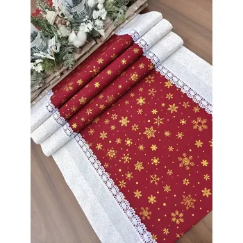 ubrus Běhoun vánoční - střední zlaté vločky na vínové v kombinaci se zlatým prachem
