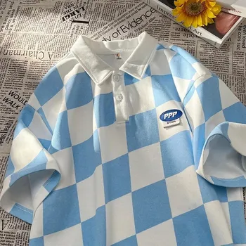 Letní pánské polo tričko s límečkem a geometrickým vzorem Barva: Modrá, Velikost: L