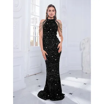 Dámské šaty Formální šaty s výšivkou, elastické, dlouhé Barva: Černá, Velikost: XL