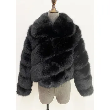 Dámská parka Krátký huňatý dámský kabát z kožešiny Barva: Černá, Velikost: S