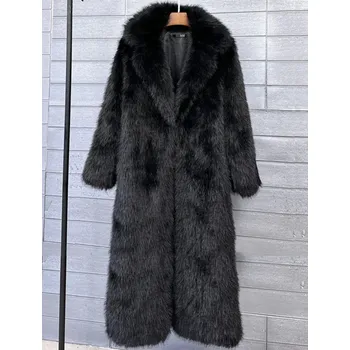Dámský kabát Dlouhý huňatý dámský kabát z umělé kožešiny Barva: Černá, Velikost: XL