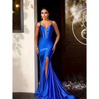 Dámské šaty Dlouhé šaty s hlubokým výstřihem, satén, šněrování na zádech Barva: Safírová, Velikost: XL