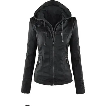 Dámský křivák koženková bunda s odnímatelnou kapucí a dlouhým rukávem Barva: Černá, Velikost: 3XL