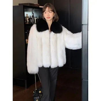 Dámský kabát huňatý kabát z umělé kožešiny na zimu Velikost: L, Barva (Varianta): White black collar