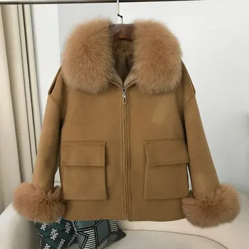 Dámský kabát kabát s odepínací podšívkou – krátký s límcem z liščí kožešiny Barva: Světle Hnědá, Velikost: L