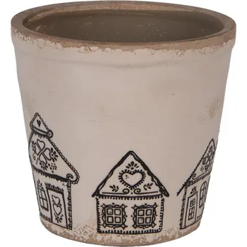 Obal na květináč Béžový keramický obal na květináč s motivem perníkových domečků Gingerbread Bliss M – 15x14 cm