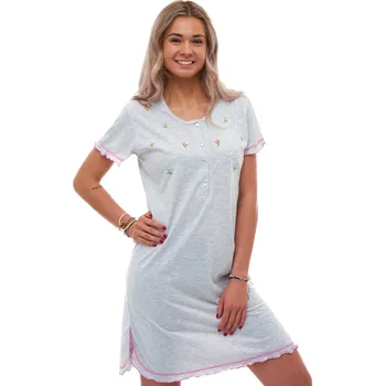 Dámská noční košile Elegantní šedá noční košilka s květinovou výšivkou a zapínáním u krku 1C4071 šedá xl