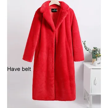 Dámský kabát Zimní dámský kabát s páskem z umělé kožešiny Barva: Červená, Velikost: XL