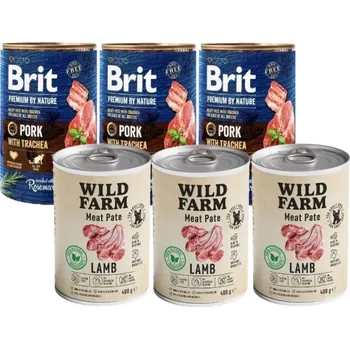 Brit Premium by Nature Pork with Trachea 3x400g & WILD FARM Pate Lamb 3x400g bezlepkové krmivo pro psy