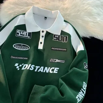 Pánská mikina Vintage polo mikina – dlouhý rukáv, závodní styl Barva: Tmavě Zelená, Velikost: 5XL